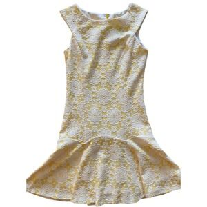 Nanette‎ Lepore Yellow White Floral Lace Drop Waist Flounce Hem Dress Size 12